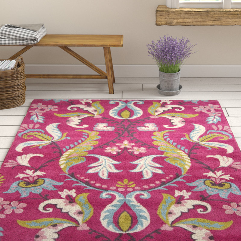 August Grove® Lillian Floral HandTufted Wool Pink Area Rug Wayfair